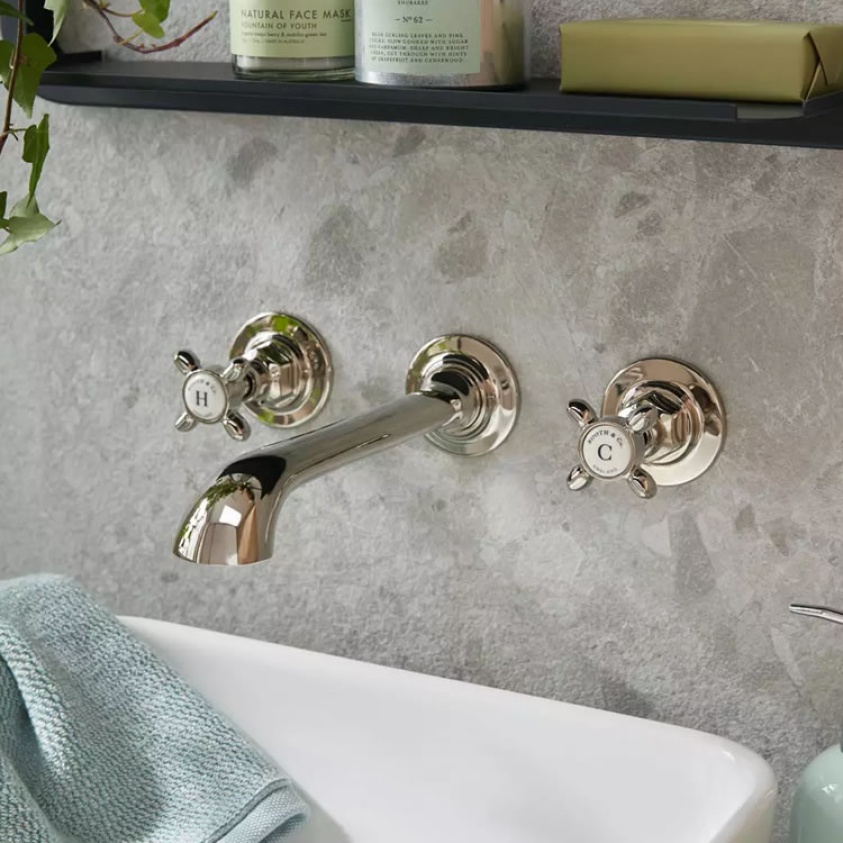 Lifestyle image of Booth & Co. Axbridge Cross Nickle Wall-Mounted Basin Mixer